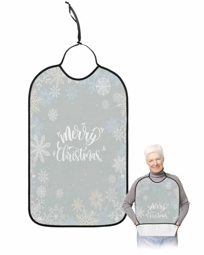Christmas Adult Bib for Adults Men, Women, White Gold Aqua Blue Snowflakes Xmas Winter Washable & Adjustable Terry Cloth Bib with Crumb Catcher Reusable Waterproof Clothing Clothes Protector Apron