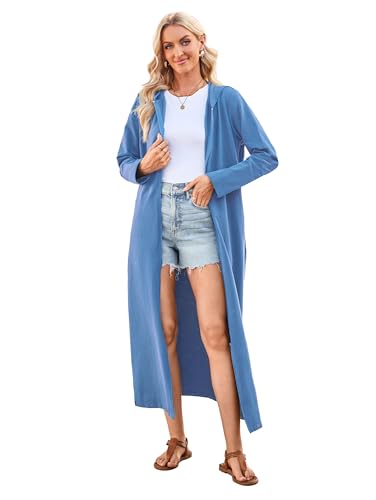 VOGMATE Damen Morgenmantel Reißverschluss Leichter Lang Bademantel mit Kapuze Baumwolle Kuschelig Hausmantel Dünn Hoodies und Sweatshirts BlauXL