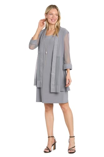 Image of R&M Richards Women's Elegant 2-Piece Shift Dress with Pleated Shimmer Duster Jacket for Mother of the Bride, Cocktail Attire