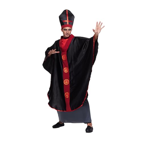 EraSpooky Costume de Prêtre Halloween pour Homme Robe Gothique avec Détails Croix Rouge et Chapeau d’Évêque