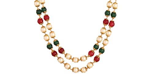 Ratnavali Jewels Double Line Red Green 8mm Golden Pearl Beads Mala Necklace For Women/Girls
