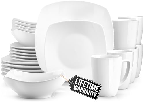 Zulay Kitchen Dishes Set for 6 - Durable 24-Piece Square Dinnerware Sets - Chip & Scratch-Resistant Porcelain Kitchen Plates & Bowls Sets - Dishwasher Safe Dish Set - Microwave Safe Plate Set - White Zulay Kitchen Dishes Set for 6 - Durable 24-Piece Square Dinnerware Sets - Chip & Scratch-Resistant Porcelain Kitchen Plates & Bowls Sets - Dishwasher Safe Dish Set - Microwave Safe Plate Set - White