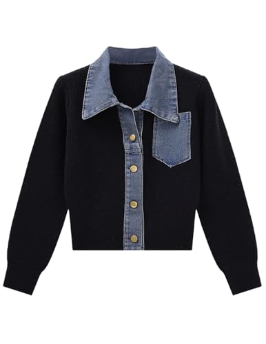 Womens Sweaters Patchwork Denim Sweater Cardigan Long Sleeve Chunky Knit Cardigans Fall Cardigan