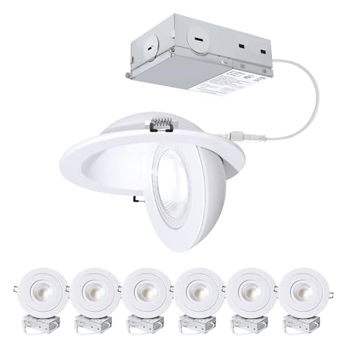 6-Inch Gimbal Recessed Light - 12W 90° Tilt & 360° Rotation, 1300lm, 5CCT (2700K-5000K), IC Rated LED Eyeball Recessed Lighting, for Sloped Ceilings, Soffit Light, Hallyway,Kitchens, White 6 Pack