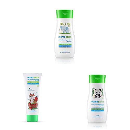 Image of Mamaearth Gentle Cleansing Shampoo for Babies (200 ml, 0-5 Yrs) & Daily Moisturizing Lotion, 200ml & 100 Percent Natural Berry Blast Kids Toothpaste, 50g Combo