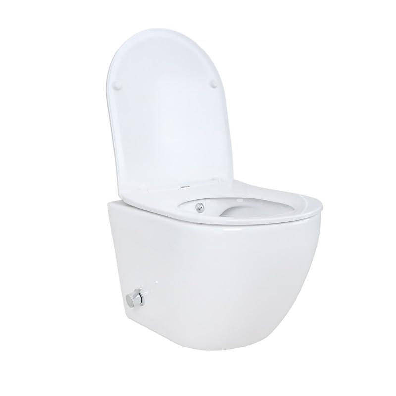 Belvit Spülrandloses Hänge WC Weiß mit integrierter Taharet-/Bidet-& Toilettendeckel mit Absenkautomatik - Wand WC mit Kalt- & Warmwasseranschluss, Design-Toilette mit Edelstahl-Dusche
