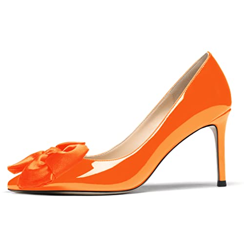 WAYDERNS Women's Slip On Pointed Toe Patent Leather Bow Decoration Stiletto High Heel Pumps Shoes 3.5 Inch2