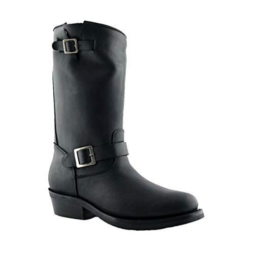 Grinders Unisex Rebel Leather Black Buckle Smooth Sole Western Biker High Boots