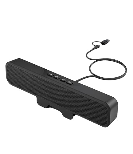 Plyee Audio Enceintes d'ordinateur pour PC de Bureau, Barre de Son stéréo avec Clip pour écran, Basses Profondes, Plug-and-Play, Type-C et USB-A intégrés