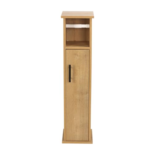 LIN HOME XZ-23014 Armario de Baño Alto y Estrecho con Compartimentos – Mueble Organizador para Papel Higiénico – Columna de Almacenaje 76,5 cm – Puerta con Manija Metálica – Color Roble