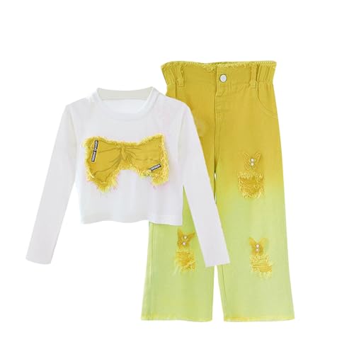 Girls Clothing Set, Bow Embroidered Long Sleeve Top and Gradient Wide Leg Ripped Jeans Cute 2 Piece Outfits for 3-13 Years