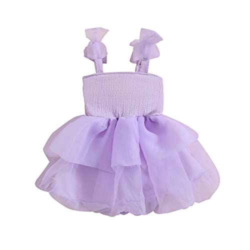 KMBANGI Kid Toddler Girls Summer Dress Solid Color Tulle Sleeveless Suspender A-Line Bow Princess Dress Birthday Photo Shoot (Purple, 2-3 Years)