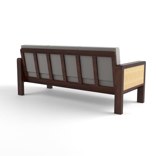 Image of Sheesham Wooden 3 Seater Sofa for Living Room | Solid Wood Sofa with Cane Side Panel | Rosewood Sofa Set for Home & Office | Lounge (Walnut Finish, 3 Seater)