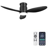 Ohniyou 42'' Flush Mount Ceiling Fan with Light, Remote & App Control, 3 Colors & Dimmable, Silent DC Motor, Low-Profile Indoor Fan for Bedroom, Kitchen, Living Room (Black)