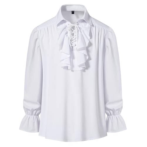 Chemise rétro pour hommes Renaissance steampunk victorienne manches longues col jabot pirate médiéval dentelle top, Blanc, Medium