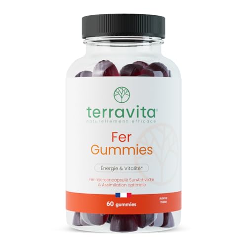 Gummies FER | Tonus et Anti-Fatigue | Fer élément Micro-Encapsulé | Forme Liposomale Brevetée SunActive | Assimilation Optimale | 60 Gummies Goût Fraise | Sans Gélatine | Made in France | Terravita