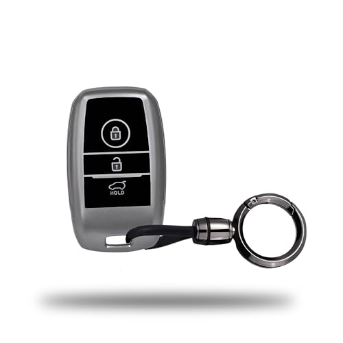 Image of SIAGO TPU Key Cover and Round Keychain Compatible for Kia Sonet | Carens | Seltos 3 Button Smart Key (Grey)