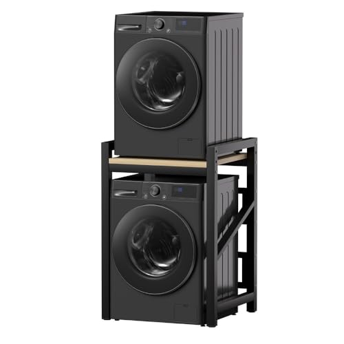 Qcesorib Armario para Lavadora de Tambor, Estantería sobre Lavadora de Metal, Soporte Secadora sobre Lavadora, Ajustable en Altura de 3 Niveles, para Baño, Cocina, Lavandería, Negro