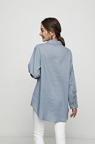 Minibee Women's Linen Blouse High Low Shirt Roll-Up Sleeve Tops - Image 6
