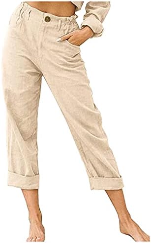 XUETON Peasant Pants for Women Summer Beach Cotton Linen Capris 3/4 Sweatpants Yoga Pants Elastic Waist Cropped Lounge Pants Beige