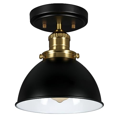 Image of Design House Savannah Rustic Farmhouse Ceiling Light, Semi-Flush Mount, Dimmable, Satin Gold, Matte Black Metal Shade, 8 in x 8 in x 9 in, 588319-BGD