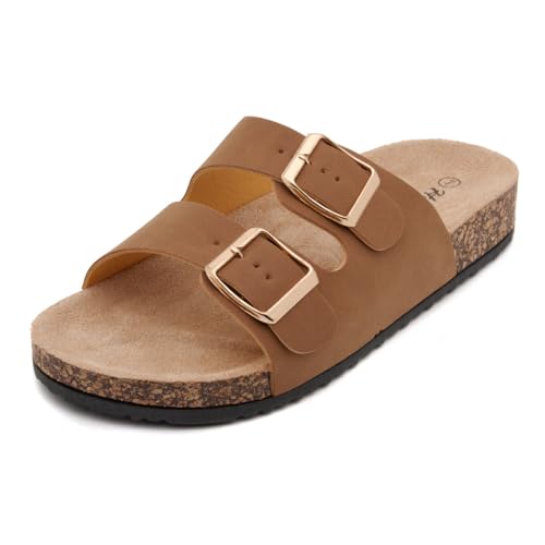 Image of Herstyle Womens Cork Footbed Slides for Women, Double Strap Flat Sandals, Adjustable Buckle Comfort Slip On Shoes, Summer Beach Casual Walking Slippers