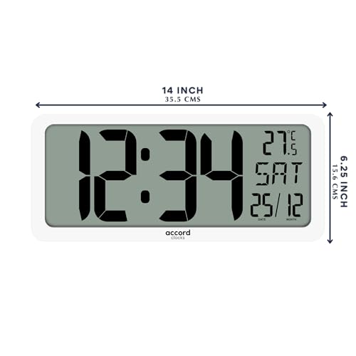Image of Large Digital Wall Clock 14 Inch - Battery Operated (No Wires), Big Display with Alarms, Day & Date (Indian Format), Room Temperature -Plastic,White