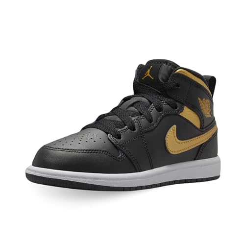 Jordan 1 Mid Little Kids' Shoes (DQ8424-071, Black/White/Metallic Gold) Size 11