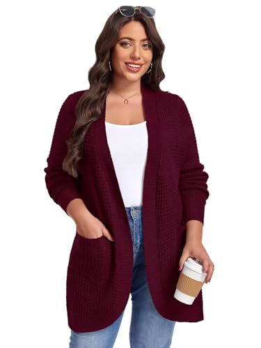 Image of LARACE Long Cardigans for Women Plus Size Tops Open Front Sweaters with Pockets Waffle Ribbed Sleeve Loose Fall Outwear