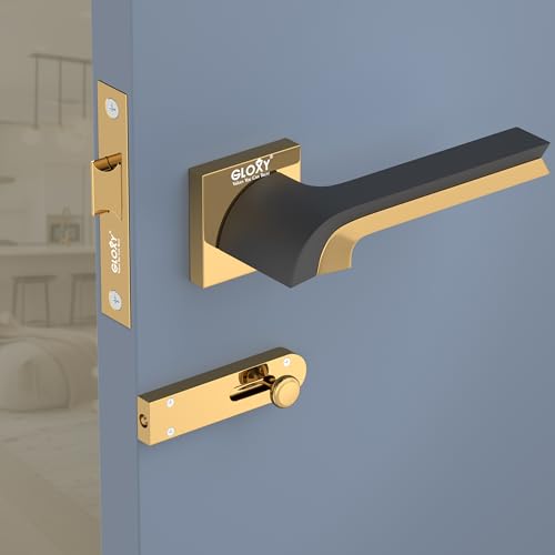 Image of GLOXY Door Lock Set for Bathroom, Mortise Door Lock Handle Set for Balcony, Mortise Tower Bolt, Keyless Lock Handle Set for Storeroom | Gold & Black Finish (2 Years Warranty, Pack of 1)