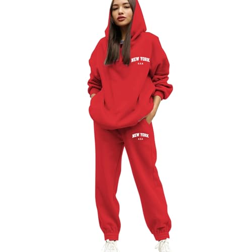 Tracksuit Womens Full Set Uk With Pocket 2 Piece Hooded Sweatshirt And Sweatpants Plus Size Letter Print Lounge Wear Sweatsuits Baggy Hoodie And Cuffed Foot Jogger Set Ladies Gym Activewear Red