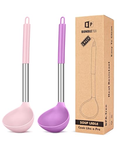 Pack of 2 Ladle Spoon,Silicone Large Spoon for Soup,Non Stick Kitchen Utensils with High Heat Resistant,BPA Free Perfect Kitchen Tools for Cooking, Stirring,Serving Soups (PINK-PURPLE)