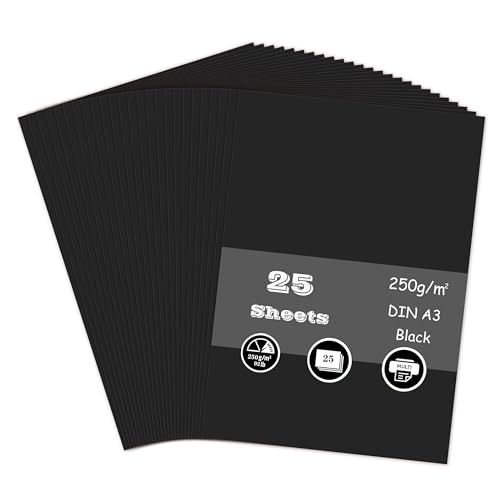 Black Card A3 Card 250GSM Thick Card Stock for Cards Making Scrapbook Office Printing and Arts or Crafts DIY (25 Sheets)