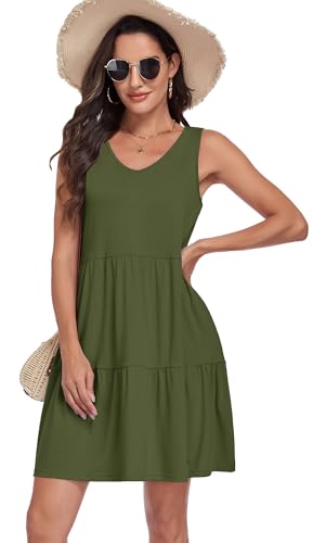 Image of Sundresses for Women Summer Sleeveless Tiered Swing V Neck Tank Dress | 2026 Casual Loose Tank Dress with Pockets, A-Line Flowy Beach Sun dress, Vacation Cruise Fashion Outfits