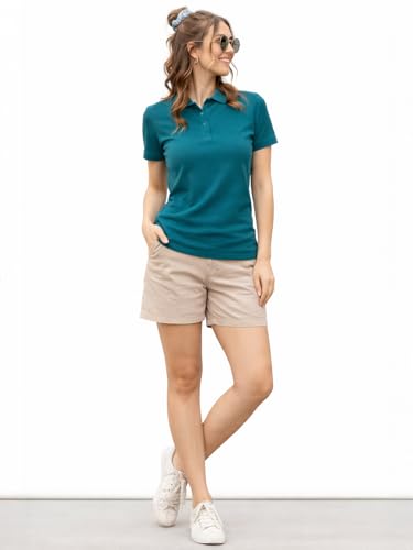 Image of Juneberry Women's Cotton Lycra Polo T- Shirt, Short Sleeve Casual Top, Soft, Lightweight, Stretchable & Stylish, Versatile Everyday Wear, Sizes S-2XL