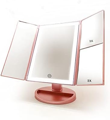 BSpoiled Tri-fold Vanity Mirror in Rose Gold, 21 LEDs and 2X/3X Magnification, Touch Switch for Adjusting Brightness, Dual Power Supply mode Makeup Mirror