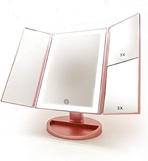 BSpoiled Tri-fold Vanity Mirror in Rose Gold, 21 LEDs and 2X/3X Magnification, Touch Switch for Adjusting Brightness, Dual Power Supply mode Makeup Mirror