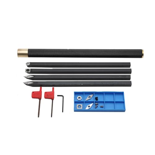 SUDEG Porte-Outil De Tournage,Kit Doutils de Tournage du Bois à Tête en Carbure,Plaquettes pour Burins de Tournage avec 4 Lames,4 tiges de Fraises en Métal dur,1 Rallonge de Manche
