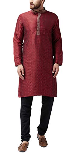 Image of SOJANYA (Since 1958 Mens Maroon Jacquard Silk Kurta and Black Churidaar Pyjama Set