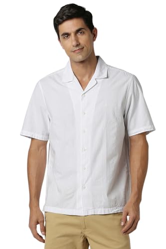 Image of Peter England Men's Casual Half Sleeve Resort Collar Shirt in 100% Cotton Seersucker with Striped Design