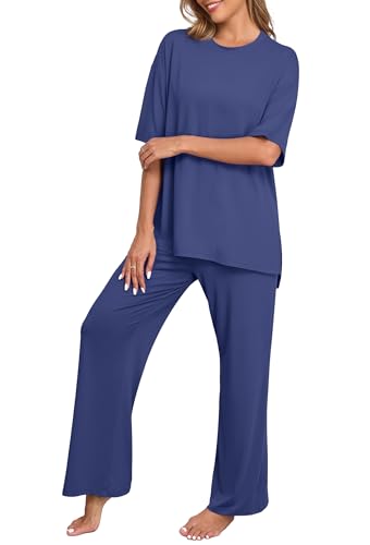 PrinStory Womens Pajamas Sets 2 Piece Lounge Set Short Sleeve Tops and Long Pants Soft Pjs...