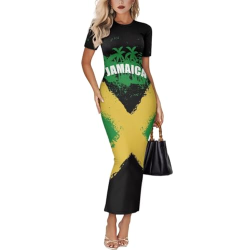 Image of Womens Short Sleeve Jamaican Flag Midi Bodycon Dress
