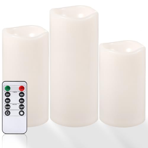 Image of NURADA Large Outdoor Flameless Candles 6 inch 8 inch 10 inch x 5 inch - Waterproof LED Pillar Flickering Candle Battery Operated with Timer Remote for Patio Porch Lanterns - Ivory White Set of 3