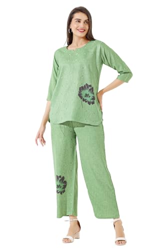 Image of Linen Printed Night Wear Top and Bottom Night Suit Set | Summer Outfit | Co-ord Set for Women | Shirt & Pajama | Night Suit Dress for Women