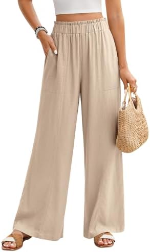 Womens Linen Trousers Elasticated High Waisted Palazzo Pants for ...