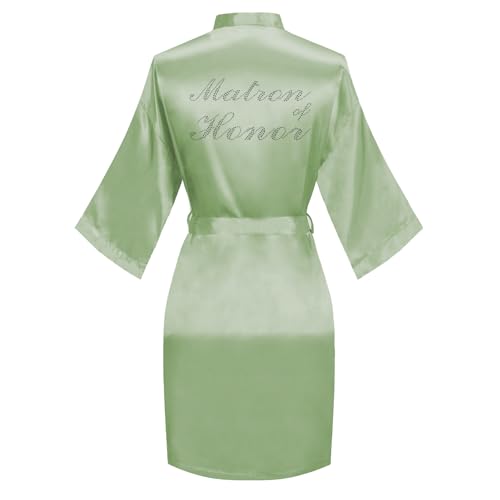 Image of Women's Bride Bridesmaid Robes Short Satin One Size Silver Rhinestones Wedding Party Getting Ready Sleepwear