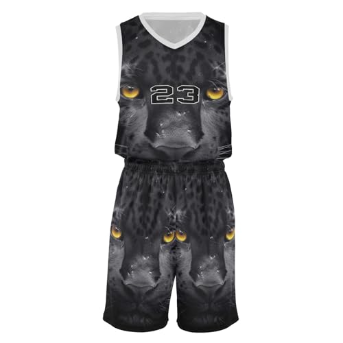 FLildon Cool Panther Black Leopard Boys Basketball Jersey Set Tank Top Shorts Tracksuit Sport Training Suit for Kids, M