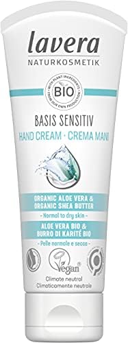 lavera Basis Sensitive Hand Cream - Hand Lotion with Aloe Vera & Shea Butter for Smooth Hands - Intensive & Moisturizing Care - PETA Certified - Vegan - Made in Germany - 2.5 Fl Oz