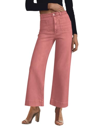KUNMI Women's Wide Leg Jeans High Waisted Straight Leg Stretchy Denim Pants with Pockets WL001 Pink 6
