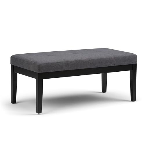 SIMPLIHOME Lacey 41 inch Wide Contemporary Rectangle Tufted Ottoman Bench in Slate Grey Linen Look Fabric, Assembled, For the Living Room and Bedroom
